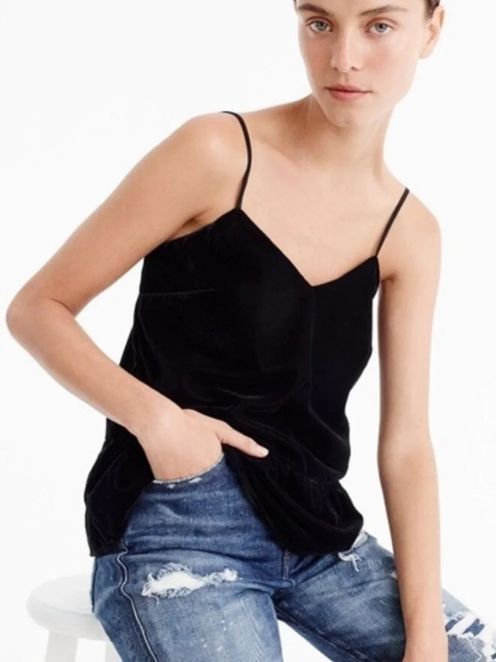 NEW J. Crew Black Velvet Peplum Hem Adjustable Strap Cami 00